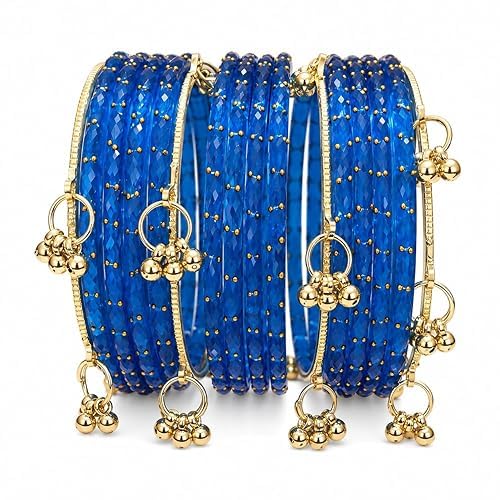 SHUVRA Kashmiri Glass Bangle with gunghro Set for Women| Traditional, Fancy Glass Chudi Set for Festival, Wedding, and Party (Set Of 16) (N blue, 2.12)