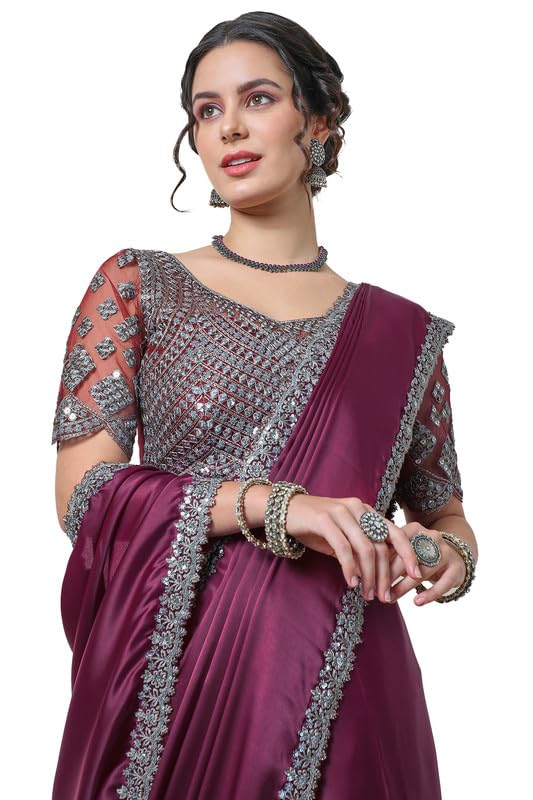 Soch Womens Wine Organza Saree with Embellished Lace Border