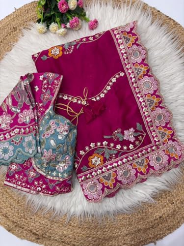 Bhagyavati Designer Soft Rangoli Silk Saree for Women with Mirror & Sequins Embroidery, Cutwork Border & Stitched Blouse (RaniPink)