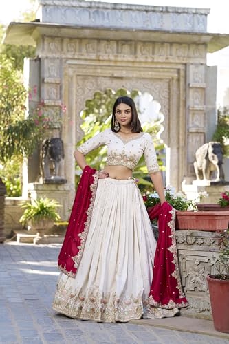 JIHU CULTURE Off-White Vichitra Silk Fabric Thread Embroidery Work Semi Stitched Lehenga Choli With Dupatta Set For Women, 44