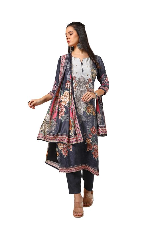 Soch Womens Charcoal Viscose Muslin Suit Set With Mirror Work