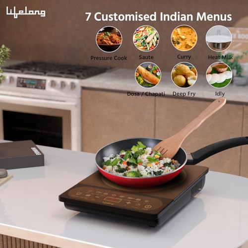 Lifelong 2100 Watt Induction Stove Touch Panel,Upto 5.5KVA Surge Protection,Electric Induction with 7 Preset Indian Menu Options,Auto Shut-Off&Temperature Control,1 Year Manufacturer's Warranty,Black