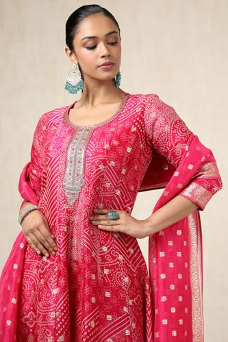 Soch Womens Fuchsia Brocade Bandhani Chudidar Set With Thread Work