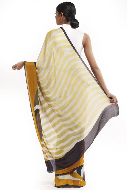 Satya Paul Yellow Satin Georgette Printed Saree with Blouse piece