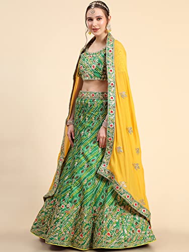 leeza store Women's Bollywood Style Silk Blend Bandhani Printed Zari And Sequins Embroidery Work Lehenga Choli With Dupatta