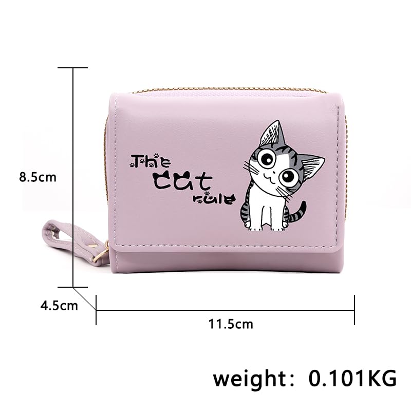 Alexvyan Purple Cat Small Tri-Fold Women's Purse Wallet Card Organizer Female Hand Purse Clutch Women/Ladies/Girls Wallets 5 Card Holder 1 Long & 2 Small Pocket -1 Zipper Pocket