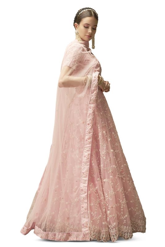 Soch Womens Pink Net Floral Embroidered Stone Embellished Unstitched Lehenga Set
