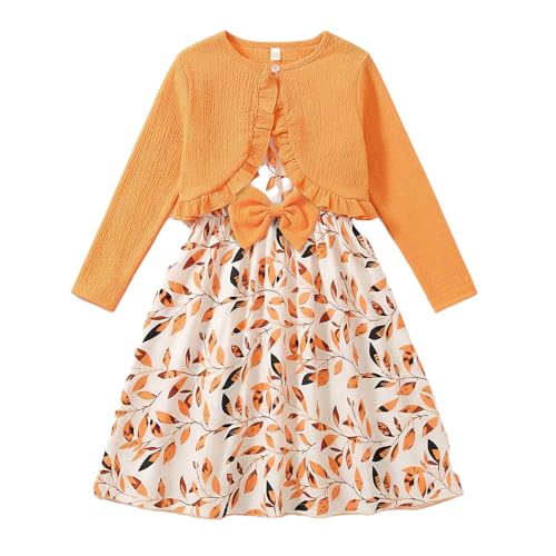 Hopscotch Girls Leaf Bow Applique Casual Dress in Orange Color for Age (6-7 Years)