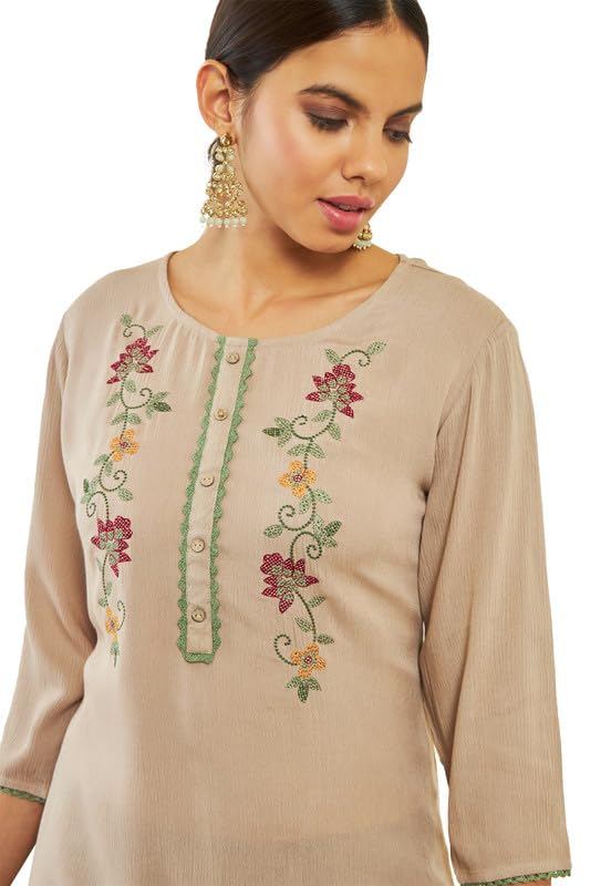 Soch Womens Beige Crepe Floral Threadwork Embroidered Round-Neck Tunic