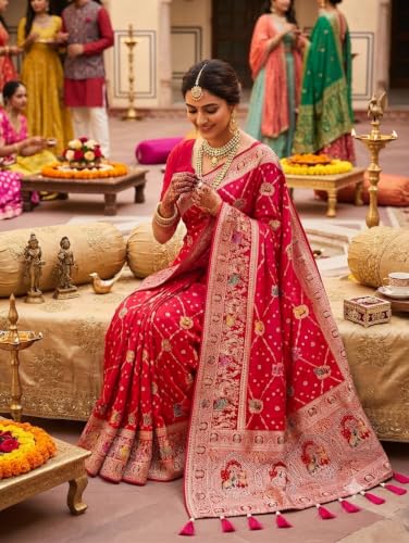 BHARTI COLLECTIONS Premium Women's Banarasi Style Art Silk Saree with Rich Zari Woven Border & Designer Pallu, Traditional Wedding, Bridal, Reception, Festive Party with Blouse Piece (Pink)