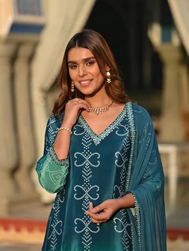 AVYUKTHA | Women Bandhani Printed Kurta Set with Trors & Dupatta | for Festive, Casual & Daily | Aqua | Size- XL