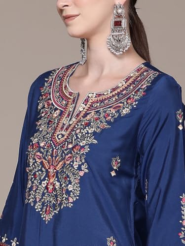 Aarke Ritu Kumar Blue Pearl Petal Solid 3/4Th Sleeve Kurta With Pant And Dupatta