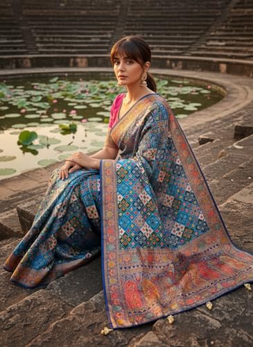 Glory Sarees Women’s Luxurious Dola Pure Silk Original Saree Position Print Work Bandhani Patola Inspired Motifs Banarasi Kanjivaram Style Saree With Blouse Piece(Elegant108_Blue)