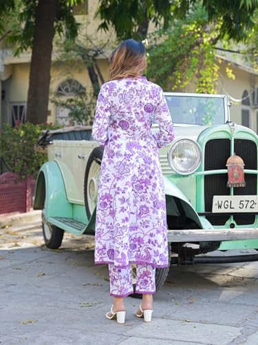 Divena Purple Floral Printed Anarkali Pure Cotton Kurta with Trousers & Dupatta
