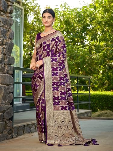 MANOHARI Women's Most Trendy Banarasi Satin Silk Woven Purple Wine Saree With Heavy Jacquard Work Saree With Blouse Piece_MN2054