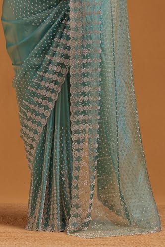 Soch Womens Turquoise Blue Organza Embellished Saree With Stone Work