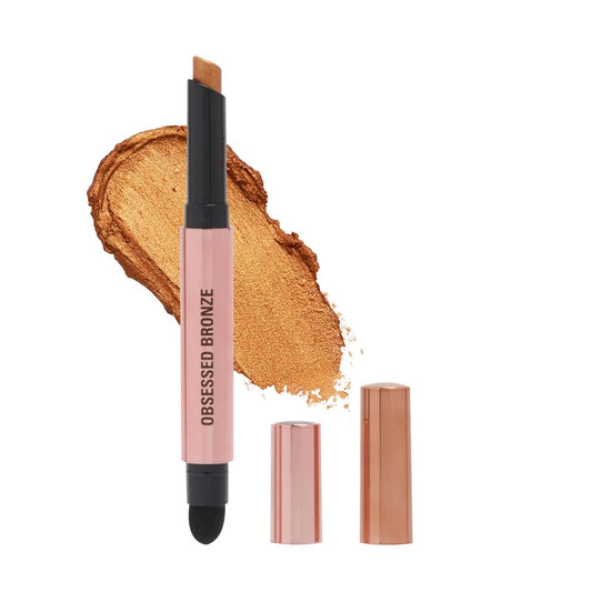 Makeup Revolution- Lustre Wand Shadow Stick- Obsessed Bronze | Ultra-pigmented & Shimmery lids | Seamless glide | Buildable, Metallic Formula | Sponge to dab & blend the shades-1.6 g