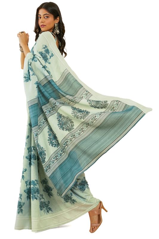 Soch Womens Light Green Floral Print Art Silk Saree