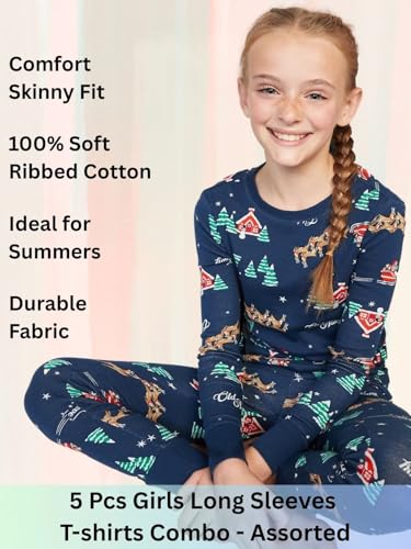 TuddyBuddy Baby Girl's 100% Organic Cotton Ribbed Long Sleeves Tops/T-Shirt (7 Years-8 Years, Pack of 5, Assorted)