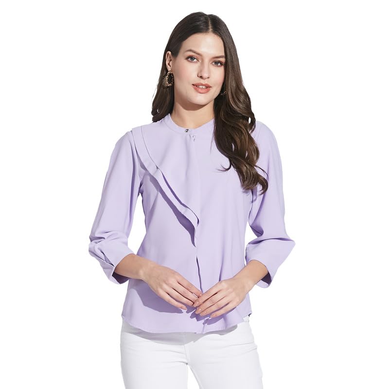 Latin Quarters Women Lavender Mandarin Collar 3/4 Sleeve Solid Top_S
