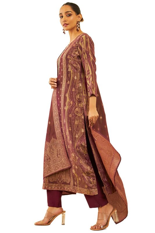 Soch Womens Wine Tissue Silk Blend Woven Design Suit Set With Zardosi Work