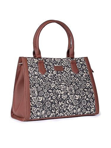 ZOUK FloMotif Floral Printed Jute Handcrafted Vegan Leather Black Women's Satchel Bag | Ladies Purse Handbag | Double Handle Detachable Strap
