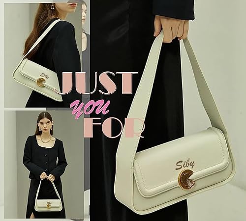 SIBY Women's Brown Underarm Bag |PU Leather Shoulder Tote Handbag with Wide Straps and Metal Lock |Mini Design Handbag- White
