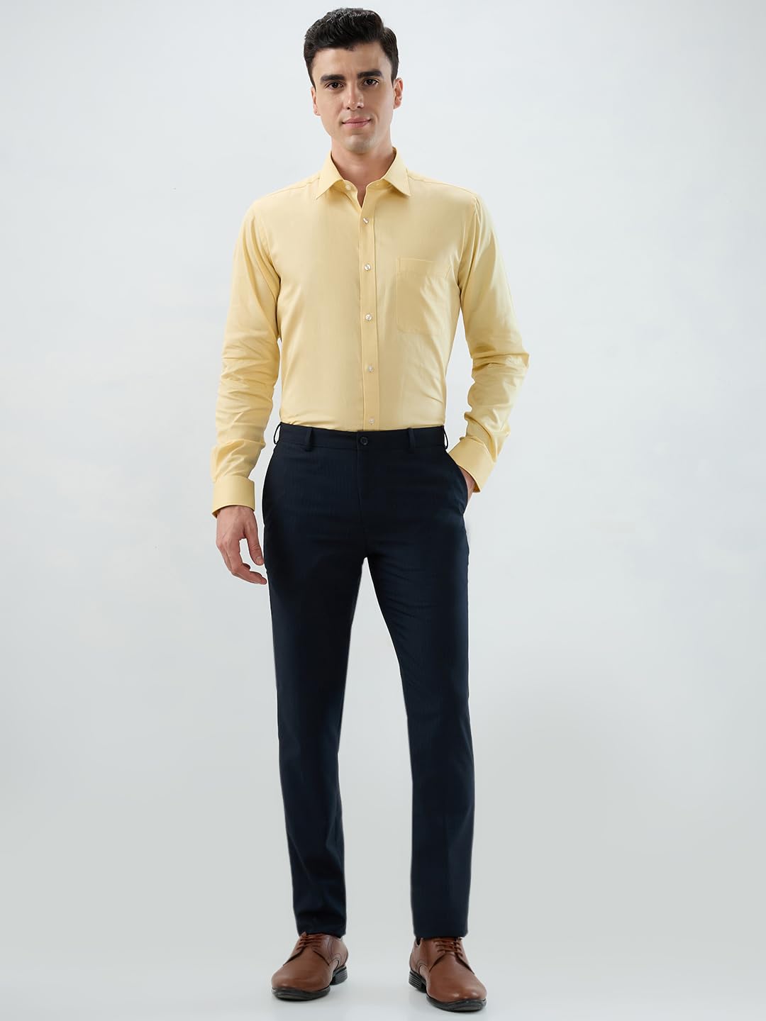 Raymond Men Slim Fit Stripe Pattern Polyester Blend Flat Front Formal Trouser Blue