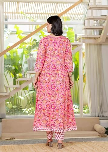 Pistaa's Women Cotton Anarkali Flair Suit Set (IN, Alpha, XS, Regular, Pink)