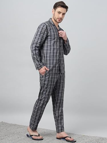 Hancock Men Cotton Checked Night Suit Navy Blue Size S