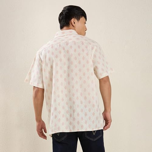 MARK & ALBERT Men's Linen Regular Fit Half Sleeves Casual Printed Stylish Shirt Pink