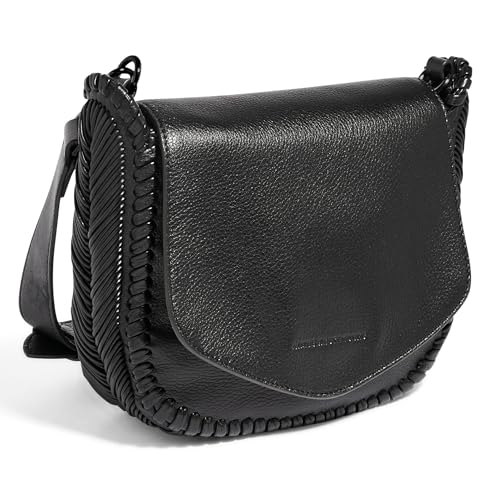 Aimee Kestenberg All For Love Saddle Crossbody Bag for Women - Small Leather Crossbody Purse - Adjustable & Removable Strap, Black With Shiny Black, Small, All for Love Saddle Crossbody - Black With