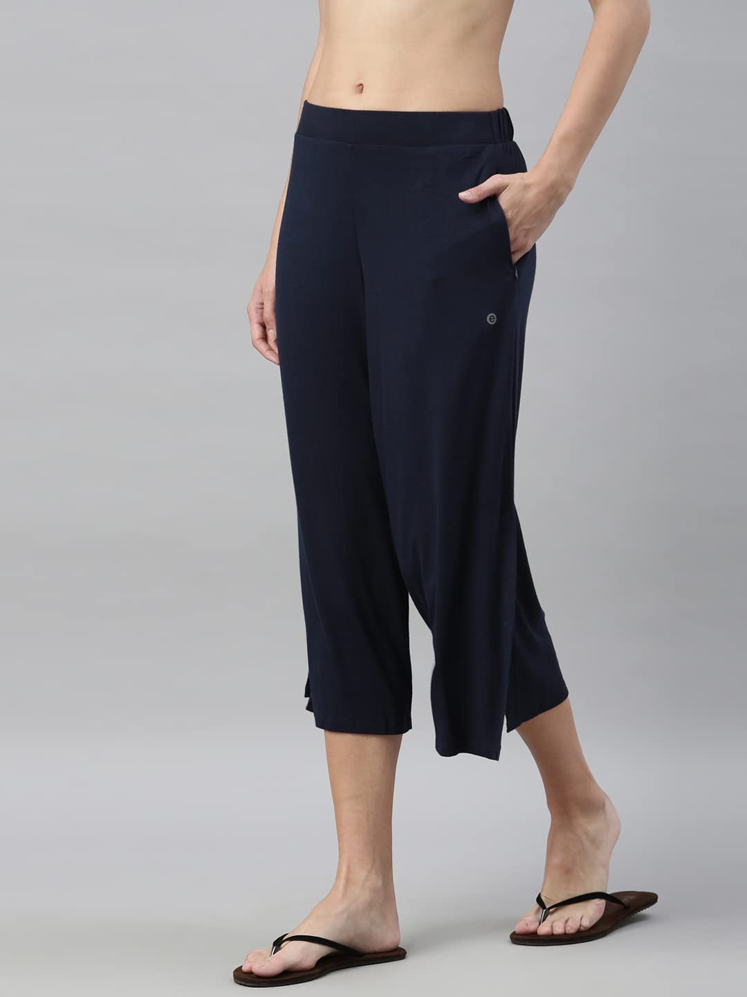 Enamor Essentials Women's Mid Rise Crop Length Soft & Drapey Stretch Viscose Culottes with Smart Side Slits - E064(E064-Navy-M)