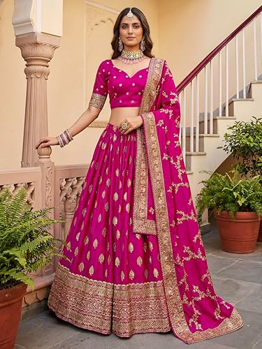 Zeel Clothing Women's Sequins Zari Embroidered Art Silk Lehenga Choli with Dupatta (5111-Pink-Womens-Lehenga-Choli; Free Size) (Pink)