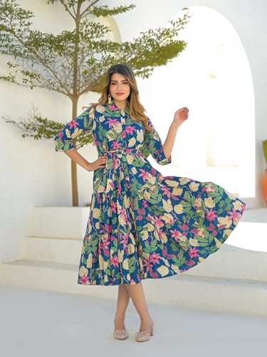 Divena Blue Cotton Shirt Coller Midi Dress