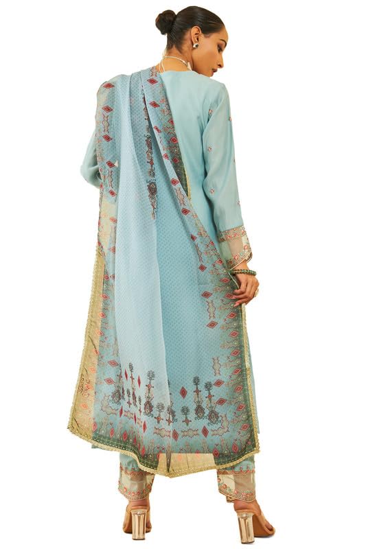 Soch Womens Powder Blue Chanderi Embroidered Suit Set With Sequins