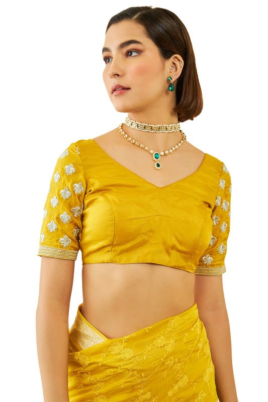 Soch Womens Yellow Organza Embroidered Saree with Thread Work(8907175714638)