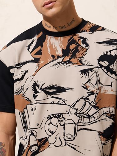 The Souled Store Marvel: It's Rocket Men and Boys Short Sleeves Round Neck Black and Beige Graphic Printed Casual Lightweight Drop Shoulder Streetwear Trendy Oversized T-Shirts