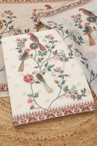 Soch Womens Beige Kota Botanical Printed Kantha Embroidered Dress Material