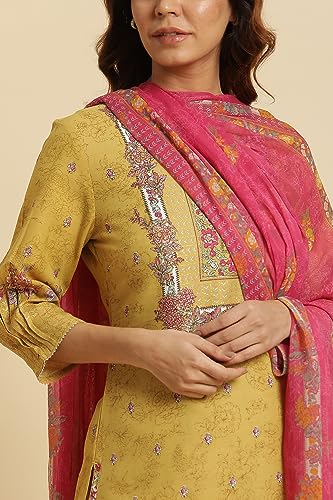 W for Woman Yellow Floral Printed Kurta, Pants and Pink Dupatta Set_24AUWS19723-121076_L