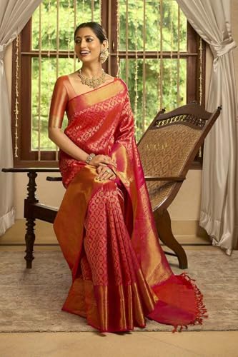 Taneira Women Pink Pure Silk Woven Kanjeevaram Saree With Unstitched Blouse Piece (SAPH01AC5026-Pink)