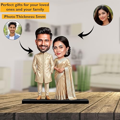 Giftvibes Personalized Couple Caricature Gift, Traditional Sherwani Saree Wedding Engagement Customized Wooden Caricature Standee Photo Frame for Husband Wife, Friends Unique Wedding Gift for Couples