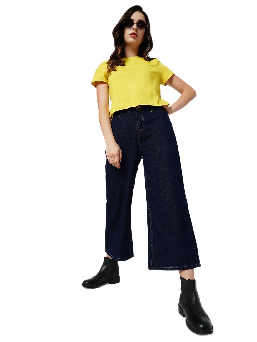 ONLY Women Solid Cotton Wide Leg High Rise Regular Length Blue Jeans
