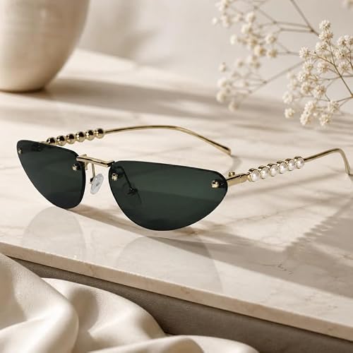 Luxury Rimless Cat Eye Sunglasses for Women | Stylish UV Protected Fashion Sunglasses | Lightweight Designer Shades for Driving, Travel, Beach & Outdoor Wear (Green-gold)