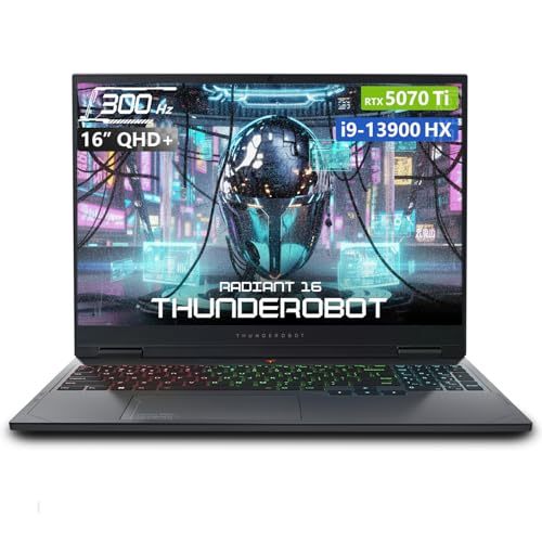 Thunderobot Radiant 16 i9 5070Ti 2.5K 300Hz Gaming Laptop, NVIDIA GeForce RTX 5070 Ti, Core i9-13900HX, 16" QHD+ 300Hz Display, 16GB DDR5, 1TB SSD, RGB Backlit KB, Wi-Fi 6, Win 11 Home, Black
