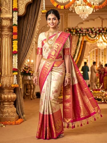 VFCollections Women's Traditional Handloom Kanchipuram Silk Pure Pattu Sarees | Rich Zari Woven Design | Bridal Saree | Unstitched Blouse -2