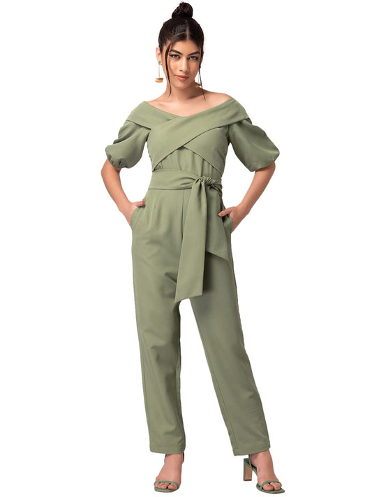 Faballey Light Green Drop Shoulder Front Tie Jumpsuit