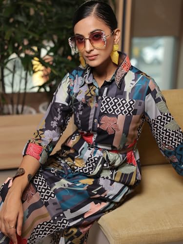 Libas Womens Printed Crepe Shirt Dress for Women Black