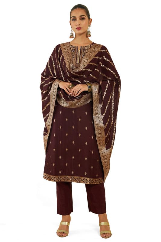 Soch Womens Maroon Silk Suit Set with Zari and Zardosi Embroidery