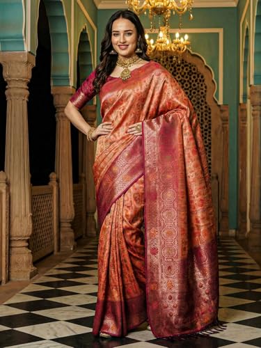 AKHILAM Women's Pink Kanjeevaram Silk Ethnic Motif Printed Saree With Unstitched Blouse Piece (23ALEKHA2303_AI)